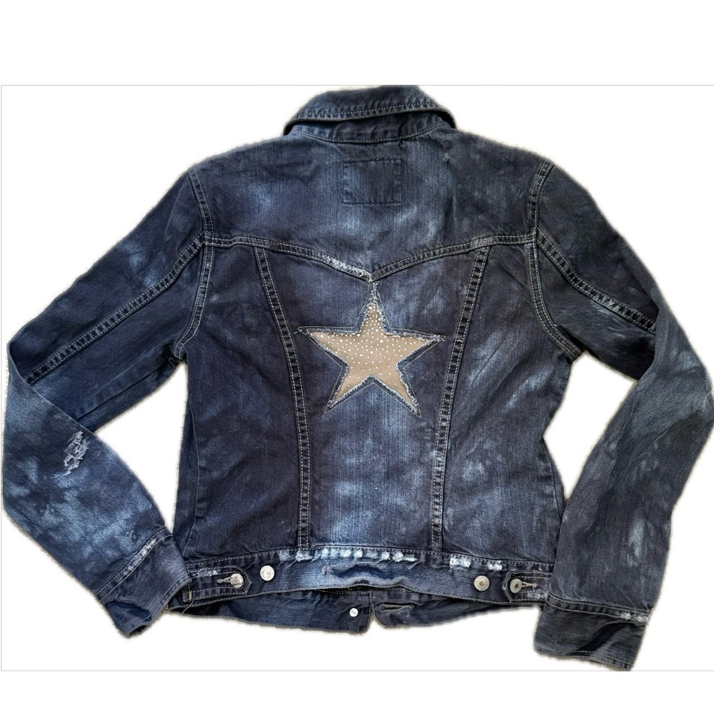 Rhinestone Inlaid Star Patched Upcycled Distressed Blue Black Denim Jean Jacket - Picture 5 of 12